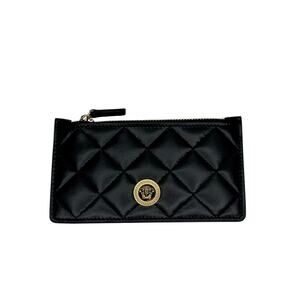 Versace Medusa Card Case Holder Wallet Black Quilted Leather Top Zip NIB